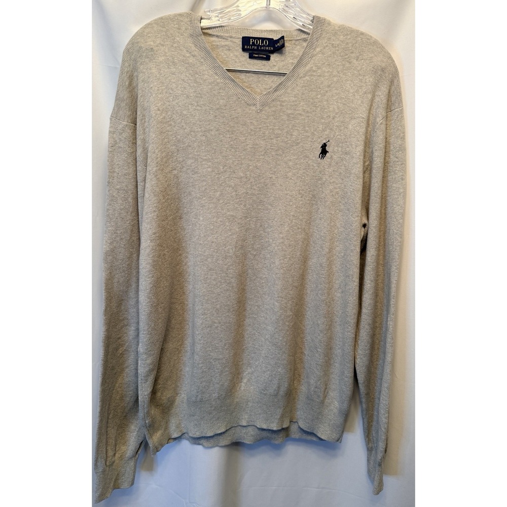 Polo Ralph Lauren Size Large V-Neck Sweater 100% Pima Cotton Light Gray Pony